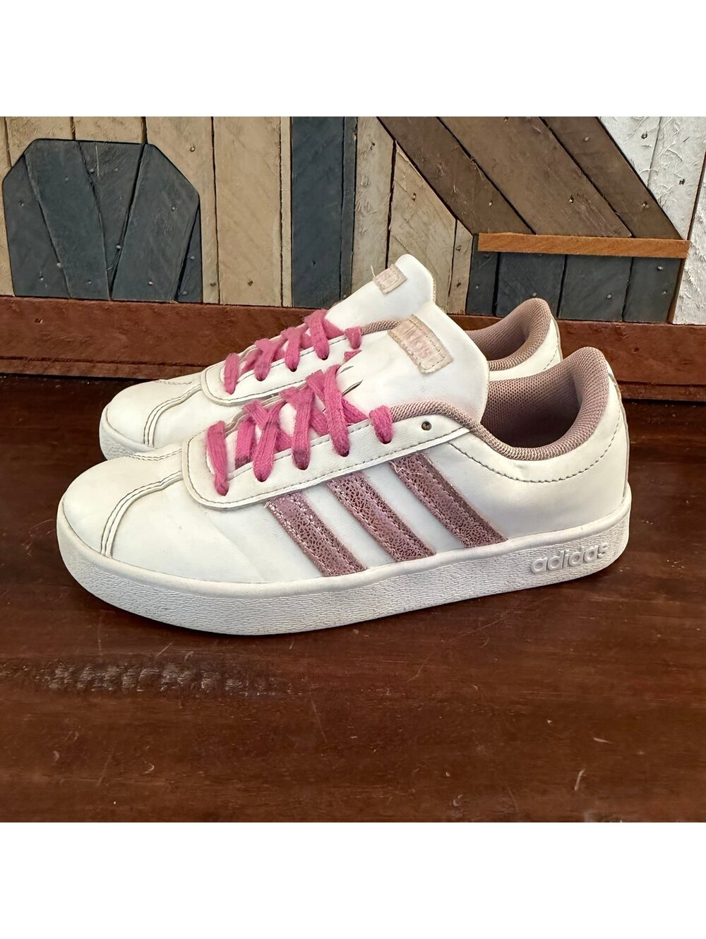 Adidas VL Court 2.0 White Pink Glitter Stripe Sneakers Kids Size 13.5K